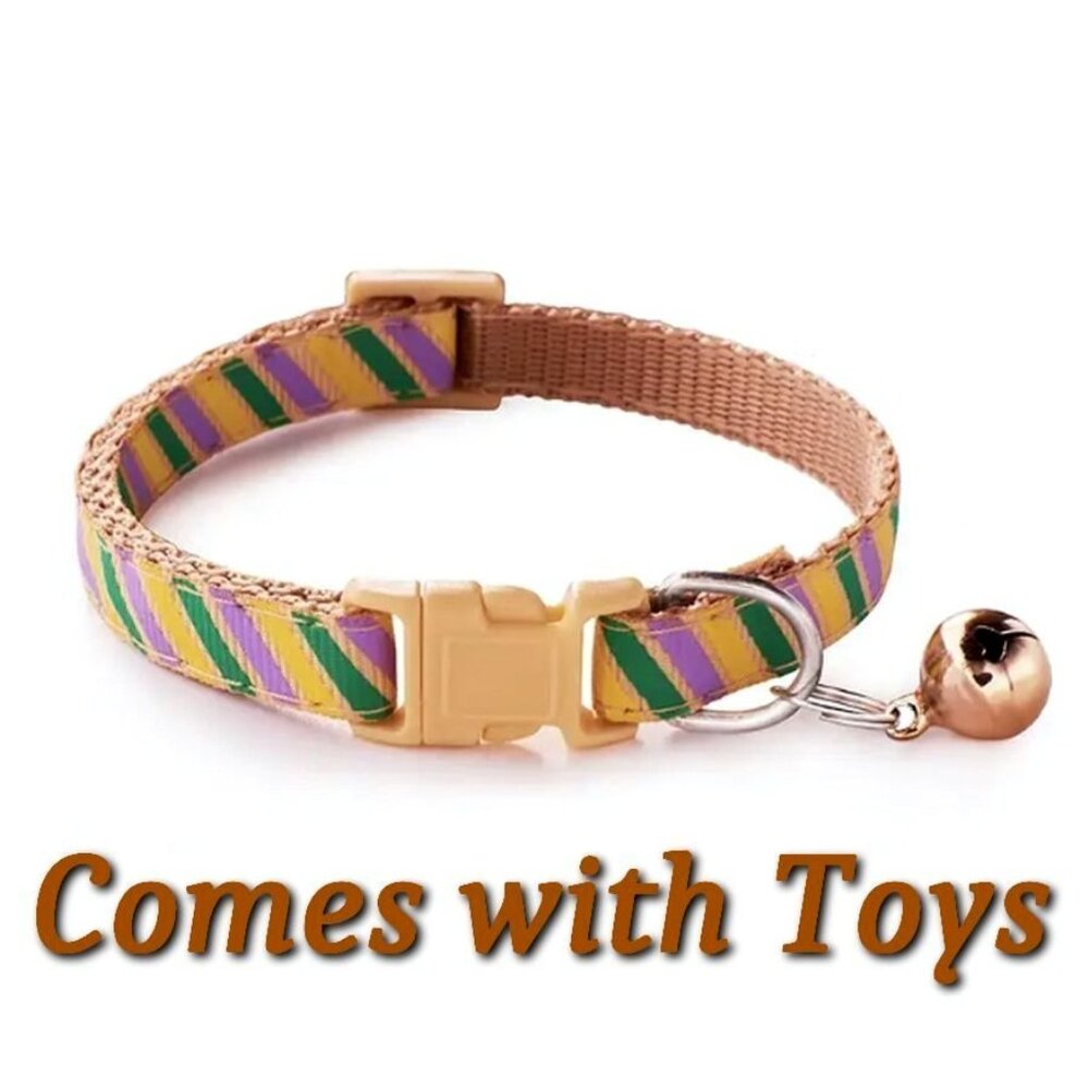 Marlee Candy Stripe Khaki Green Purple Bell Cat Collar with Toys Gift Packaged